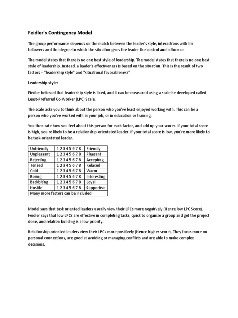 Fiedler’s Contingency Leadership Model | PDF | Leadership | Behavioural ...