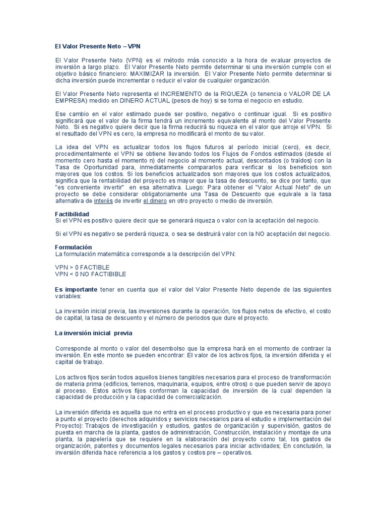 Evaluación del Valor Presente Neto (VPN) | PDF | Valor presente neto ...