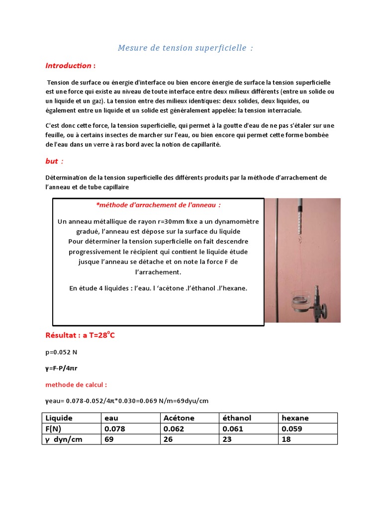 Tp Tension Superficielle Mv3 _ Practical physics at ENSCR on Surface ...
