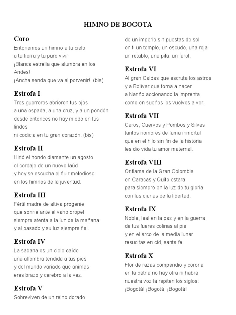 Letra Completa del Himno de Bogotá | PDF