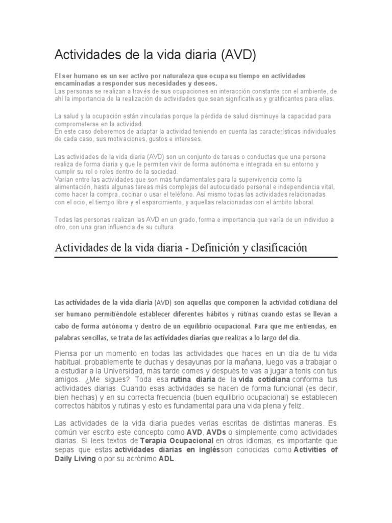 Actividades de la Vida Diaria (AVD) | PDF | Terapia ocupacional ...