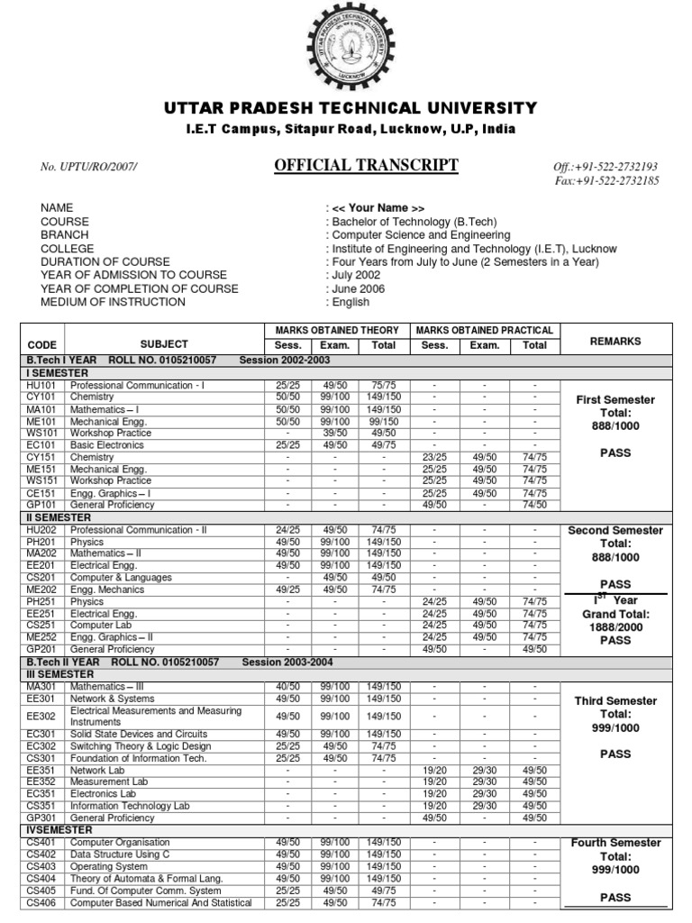UPTU B.Tech Transcript Overview | PDF | Computing | Software