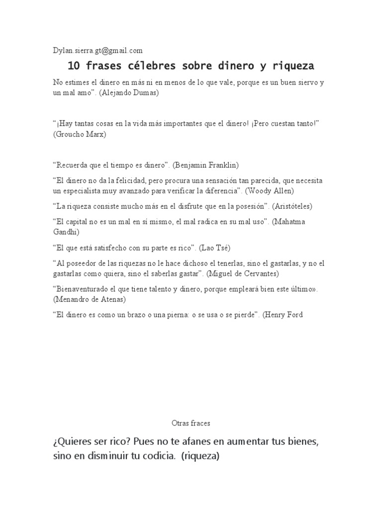 Frases Célebres sobre Dinero y Riqueza | PDF
