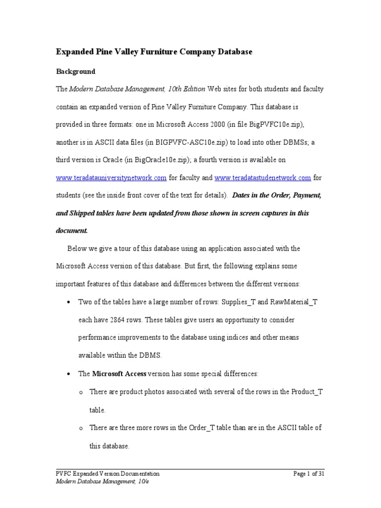 Expanded Pine Valley Furniture Company Database Background PDF