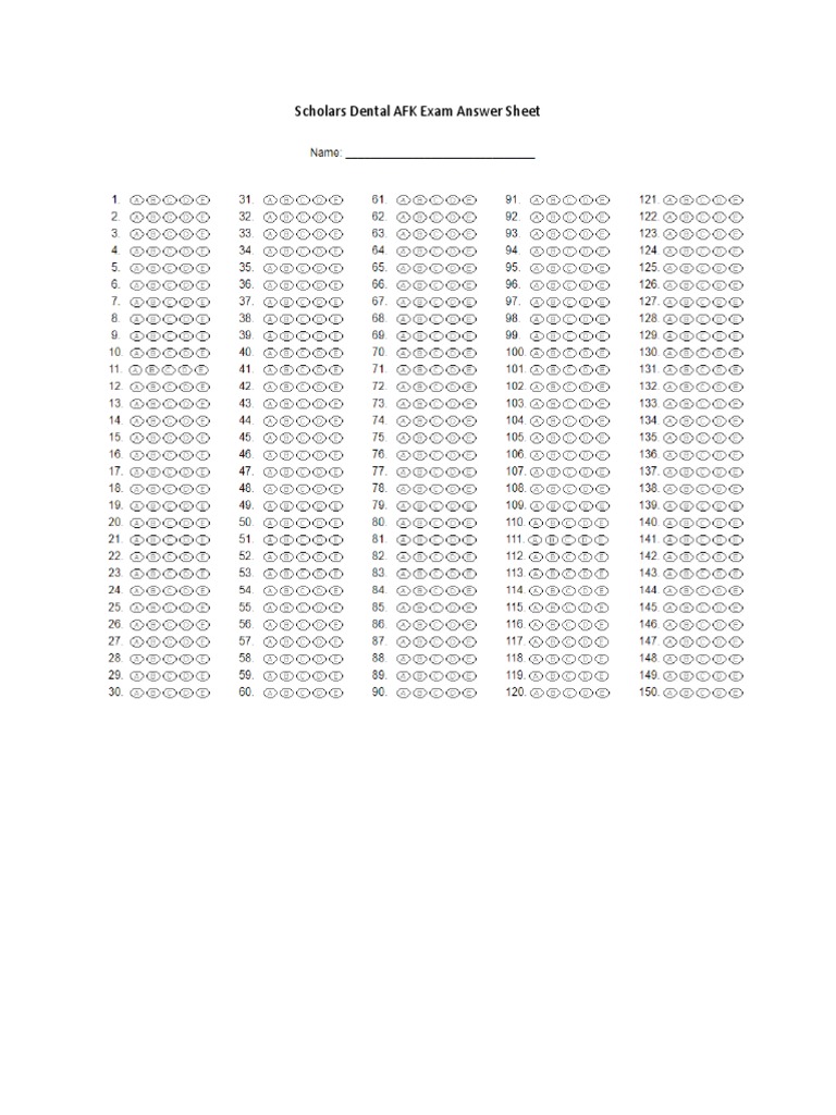 Scholars Dental AFK Exam Answer Sheet | PDF