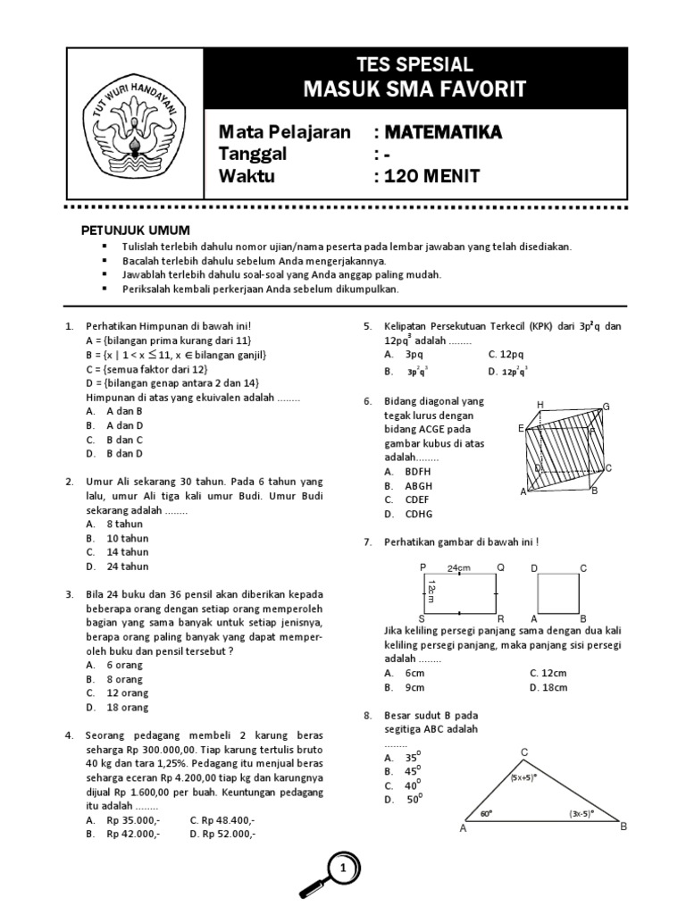 Prediksi Soal Masuk SMA Faforit MATEMATIKA