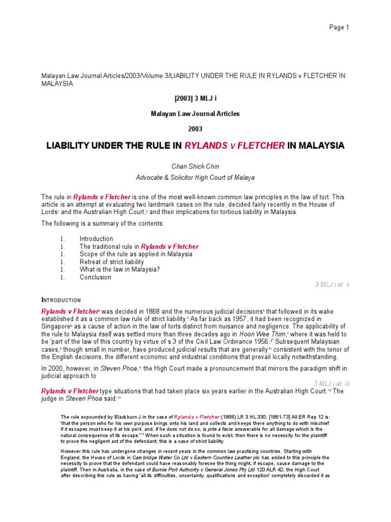 Rylands v Fletcher Liability in Malaysia | PDF | Negligence | Tort