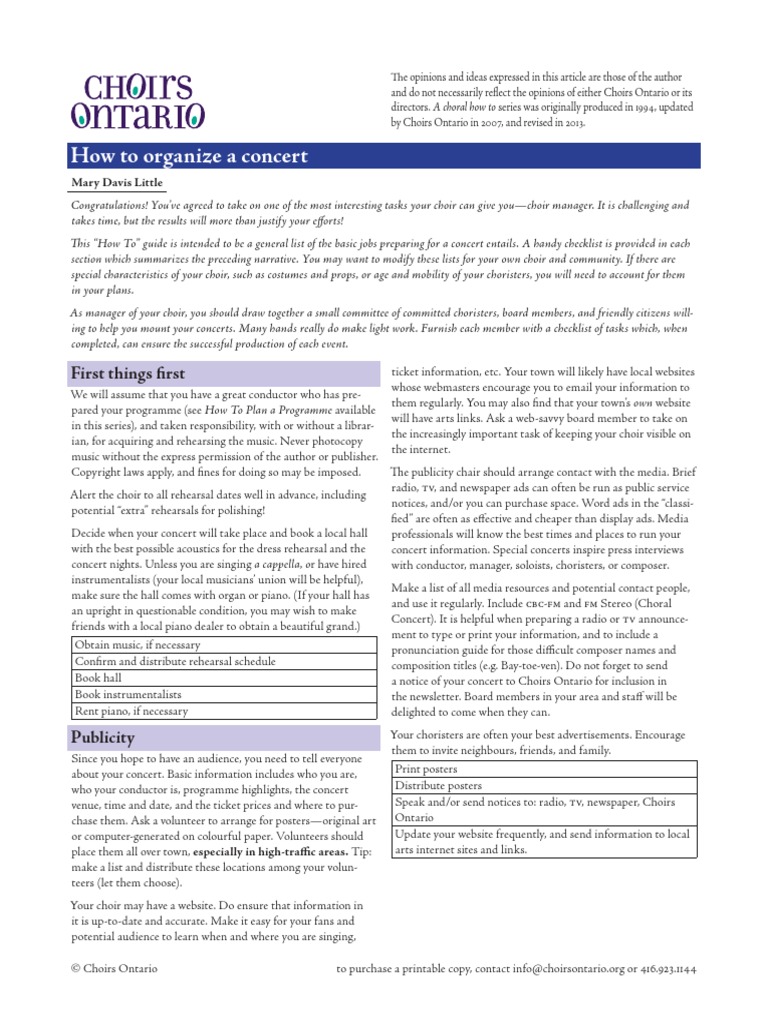 How To Organize A Concert First Things First PDF Choir Concert