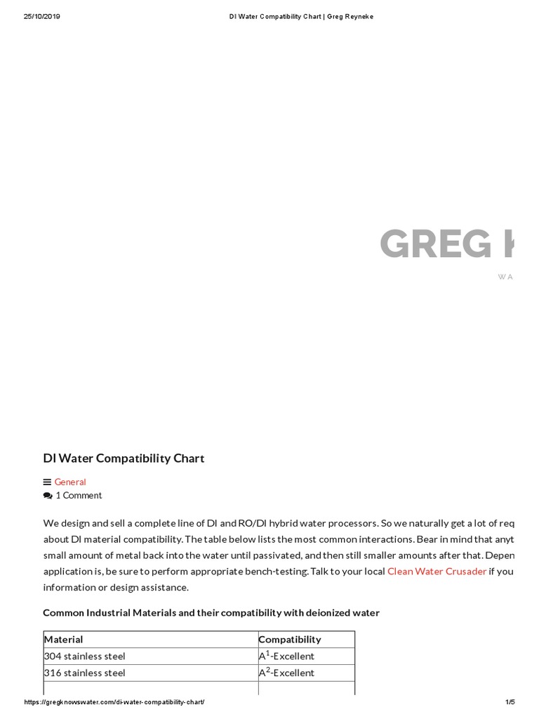 DI Water Compatibility Chart Greg Reyneke PDF Pipe (Fluid