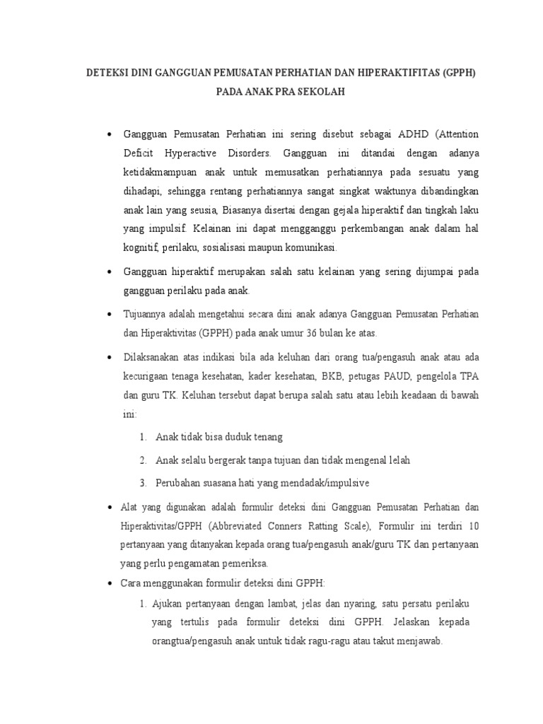 Deteksi Dini GPPH pada Anak Pra Sekolah | PDF | Karier & Perkembangan ...
