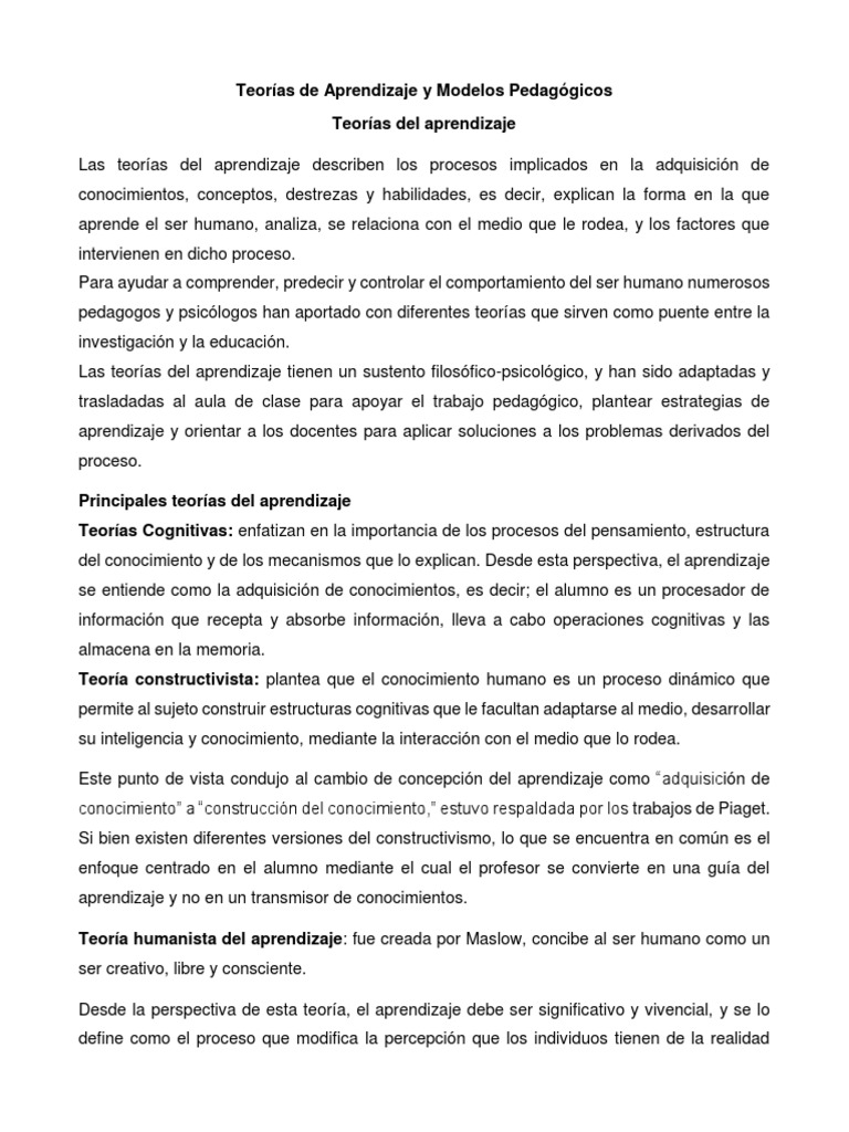 Teorías de Aprendizaje y Modelos Pedagógicos | PDF | Teoría del ...