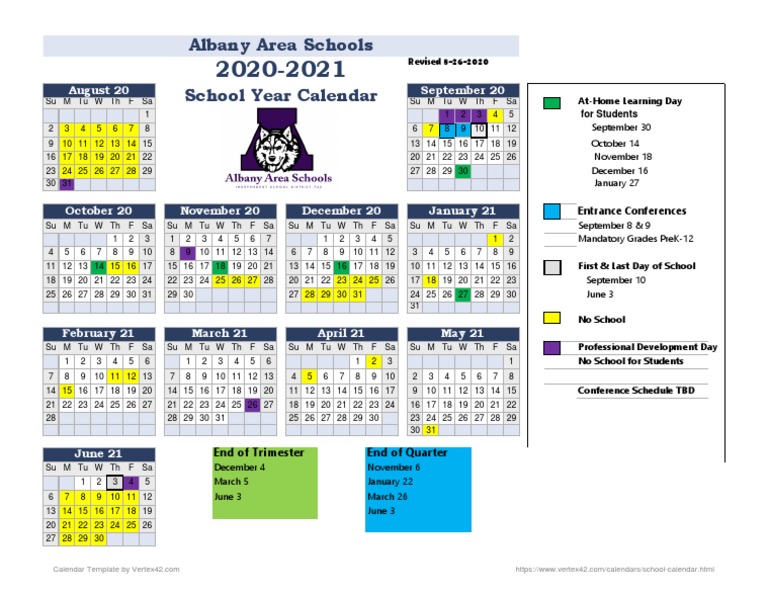 Albany Area Schools School Year Calendar August 20 September 20