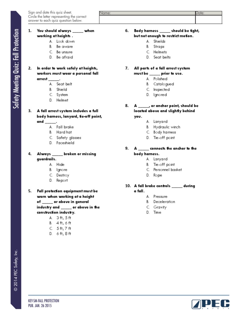 2015 02 Fall Protection Test and Answer Key | PDF | Safety | Equipment