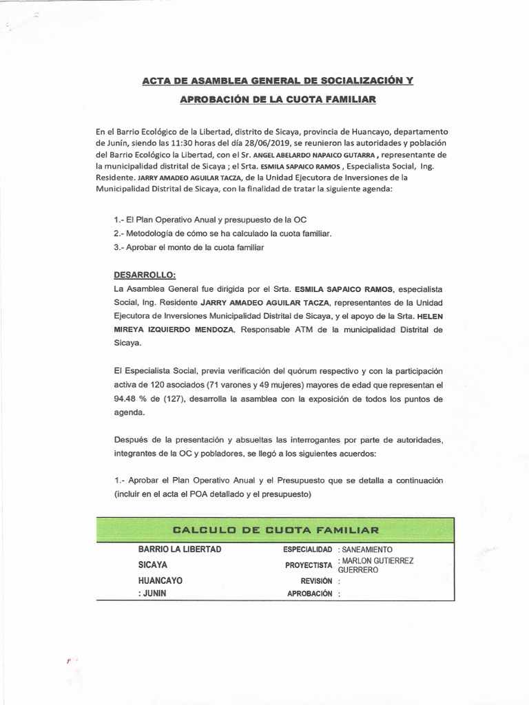 17.3.2 Acta de Socialización y Aprob. Cuota Fam PDF | PDF