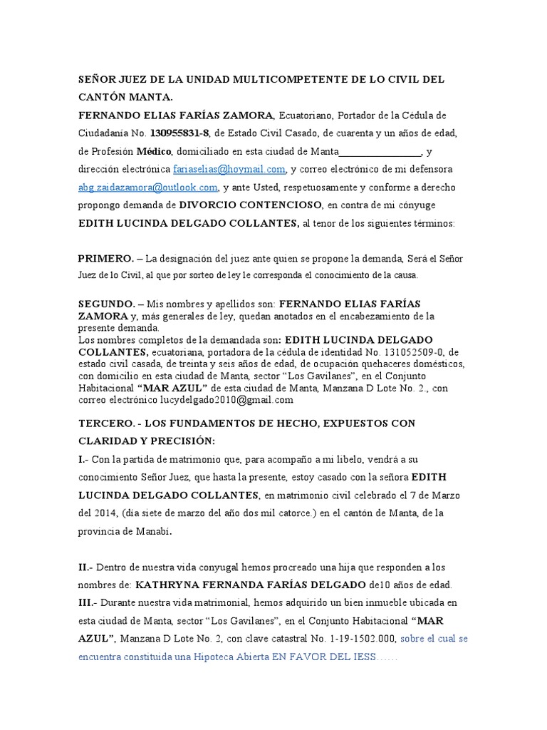 Modelo de Demanda Por Adulterio PDF Divorcio Matrimonio