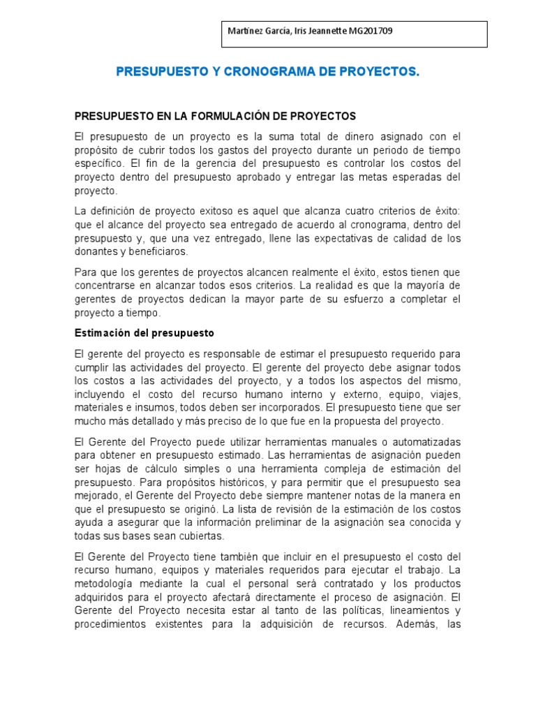 Presupuesto y Cronograma | PDF | Presupuesto | Planificación