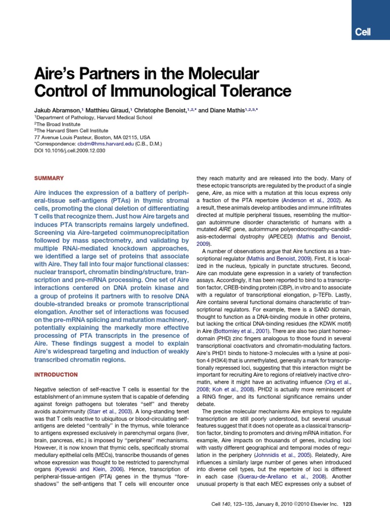 Aire's Role in Immunological Tolerance | PDF | Immune Tolerance | Gene ...