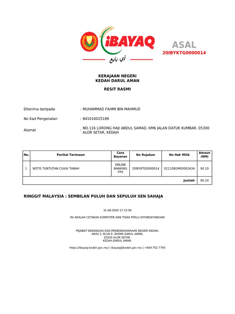 Resit Bayaran Notis Tuntutan Cukai Tanah (MUHAMMAD FAHMI BIN MAHMUD) | PDF