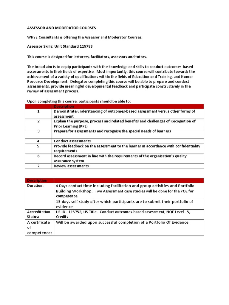 Assessor and Moderator Course Overview | PDF | Educational Assessment ...