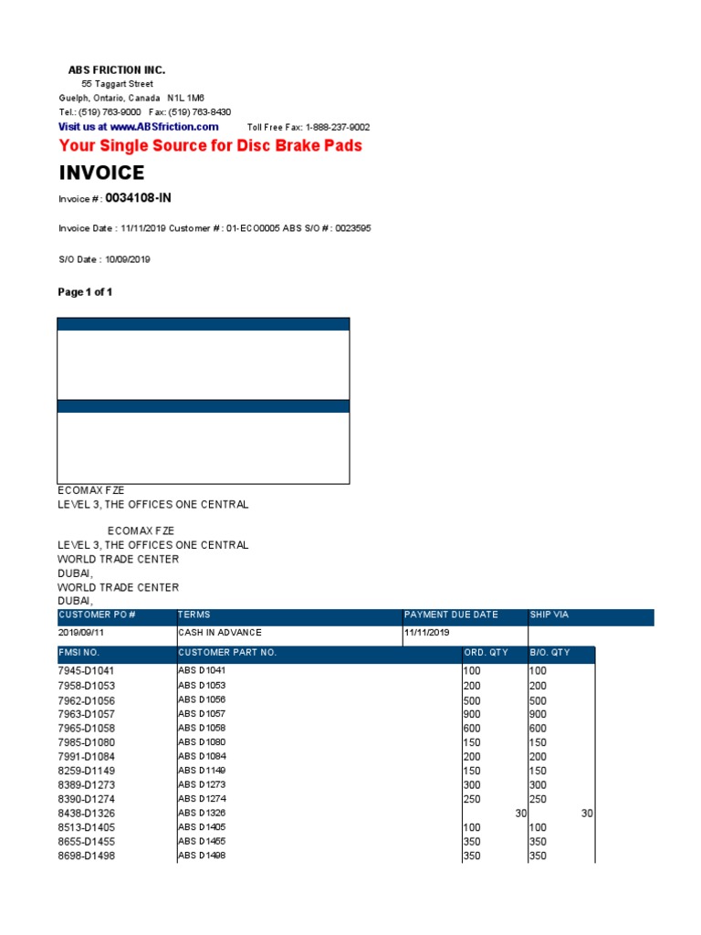 Invoice: Your Single Source For Disc Brake Pads | PDF | Payments ...