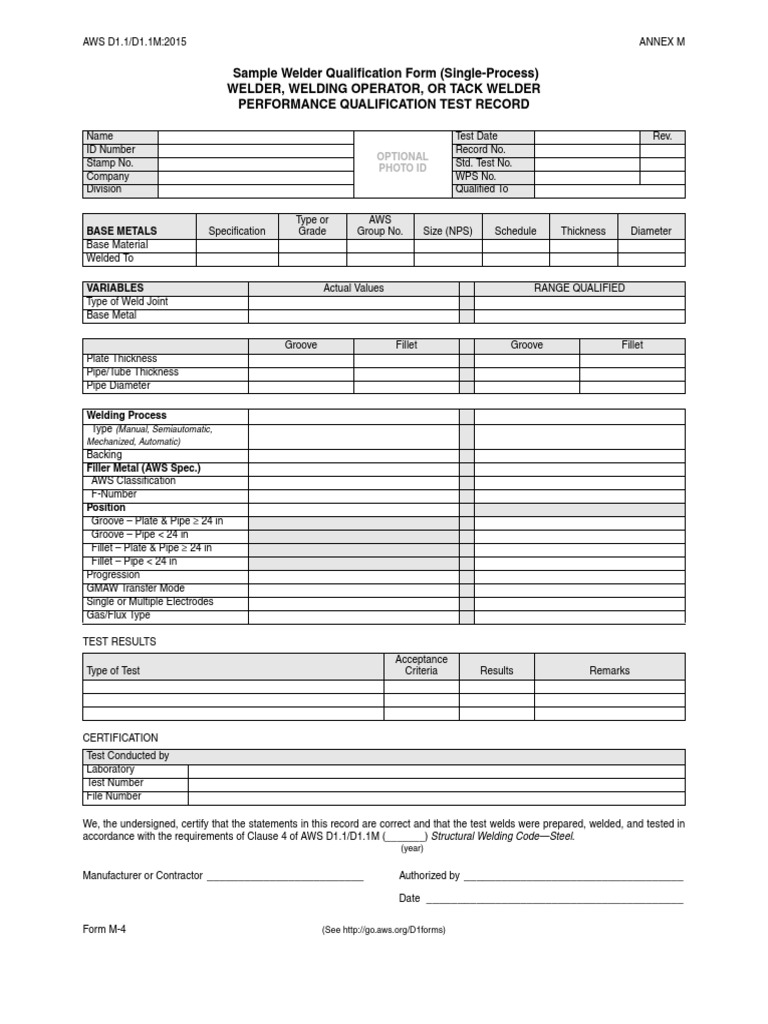 M 4 D1.1 2015 Form PDF | PDF | Pipe (Fluid Conveyance) | Welding