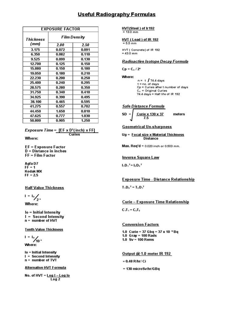 Radiography Formulas1 PDF | PDF | Radioactivity | Radiation