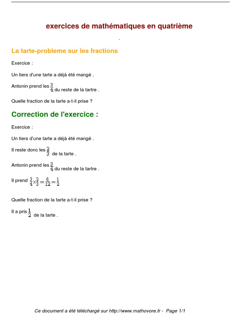 Fraction 4ème Exercice Corrigé Pdf Exercices La Tarte Probleme Sur Les Fractions Maths Quatrieme 621 PDF | PDF
