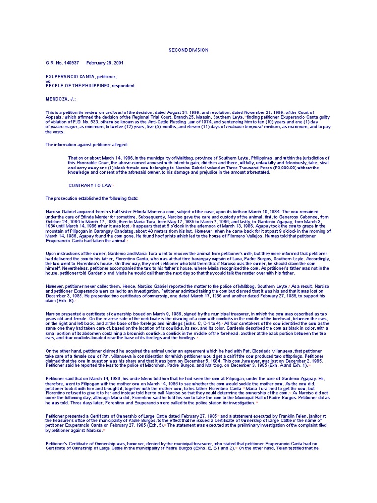 Cattle Rustling Case: Exuperancio Canta | PDF | Sentence (Law ...