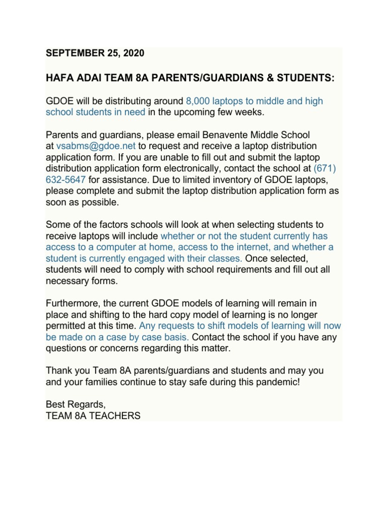 Laptop Distribution Notice For Parents and Students PDF