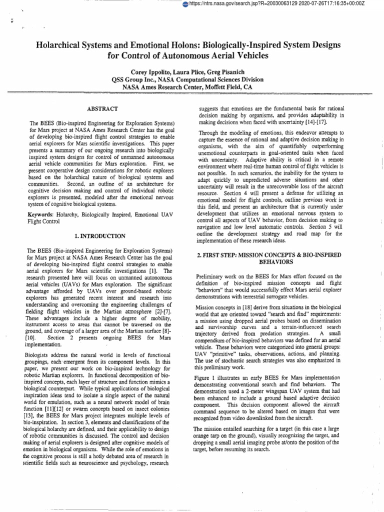 Bio-Inspired Control for Mars UAVs | PDF | System | Emotions