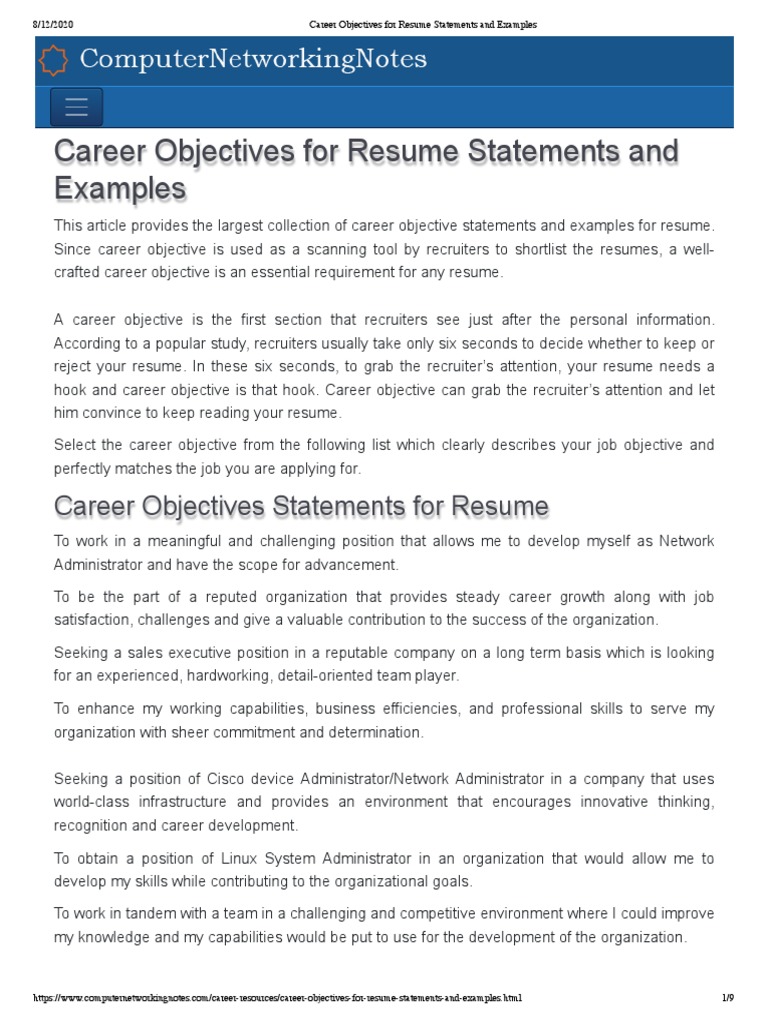 Career Objectives For Resume Statements - 1710708422