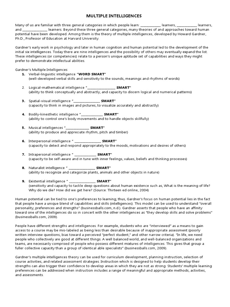 Multiple Intelligences | PDF | Intelligence | Neuropsychology