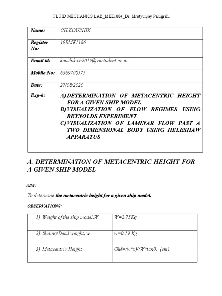 A. Determination of Metacentric Height For A Given Ship Model | PDF ...