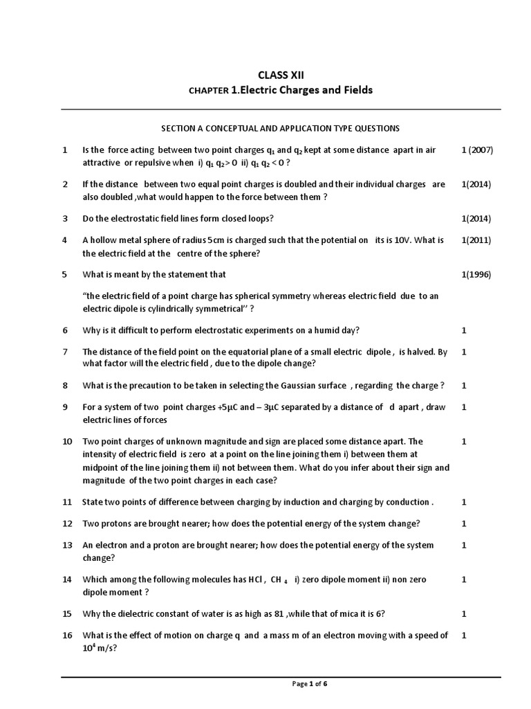 CBSE Class 12 Physics Electric Charges and Fields | PDF | Electric ...