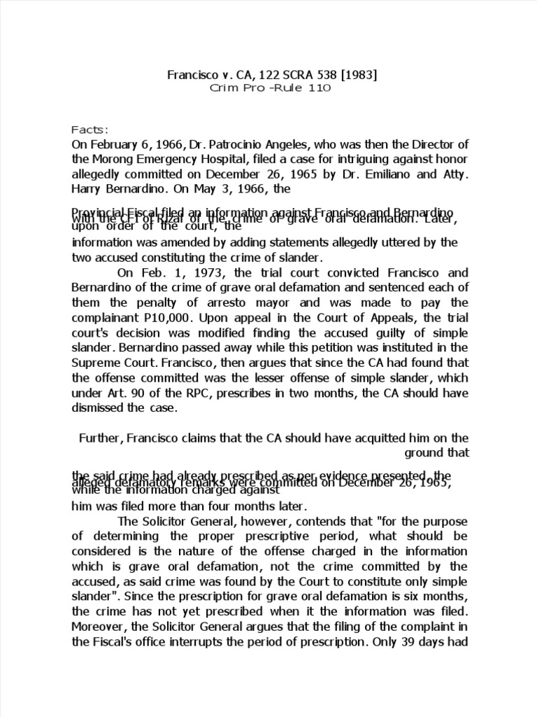 Francisco v. CA, 122 SCRA 538 (1983) PDF Defamation Statute Of