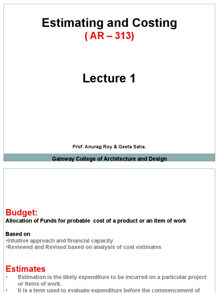 Estimating and Costing. Lecture 1 | PDF | Art | Technology & Engineering