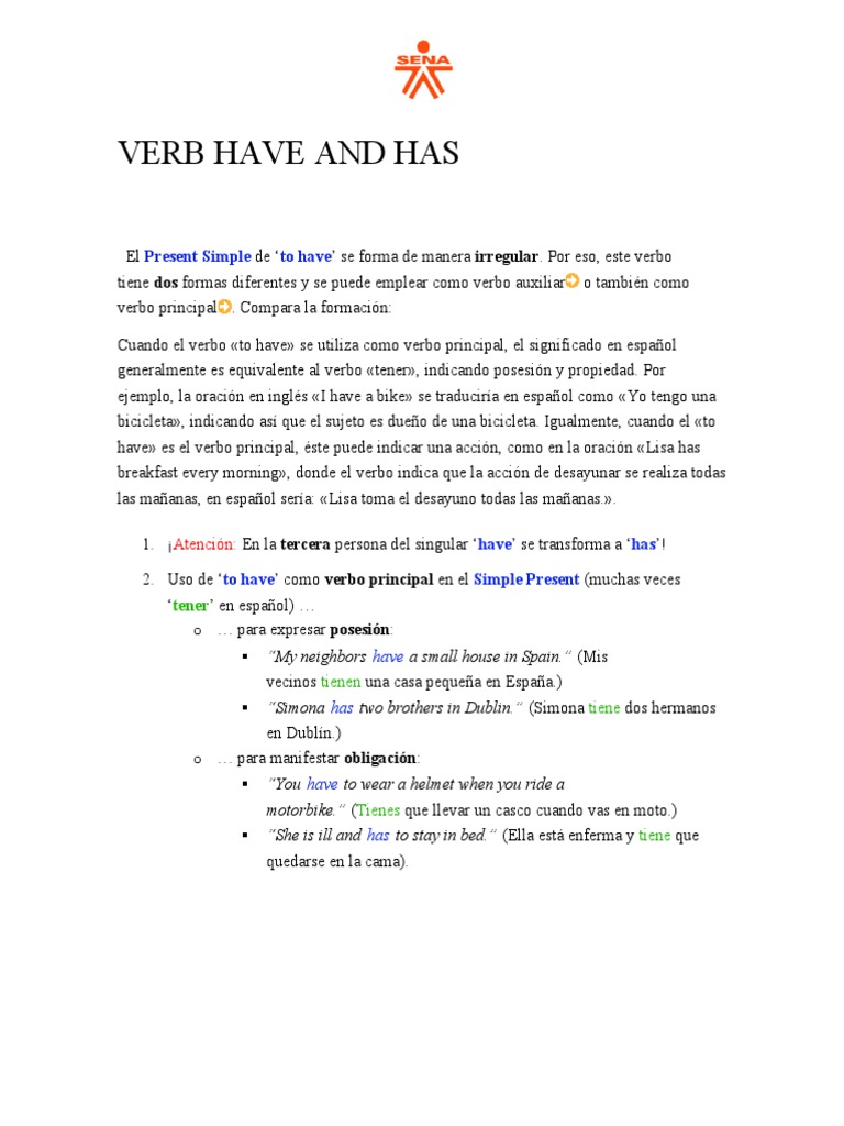 Uso del verbo "have" y "has" en inglés | PDF | Verbo | Morfología ...