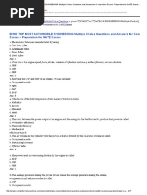 50-100 TOP MOST AUTOMOBILE ENGINEERING Multiple Choice Questions and Answers  For Competitive Exams - Preparation For GATE Exams Automobile Engineering  Multiple Choice Questions PDF, PDF, Piston