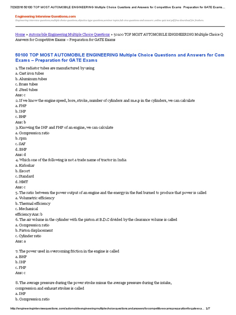 TOP MOST AUTOMOBILE ENGINEERING Multiple Choice Questions and Answers