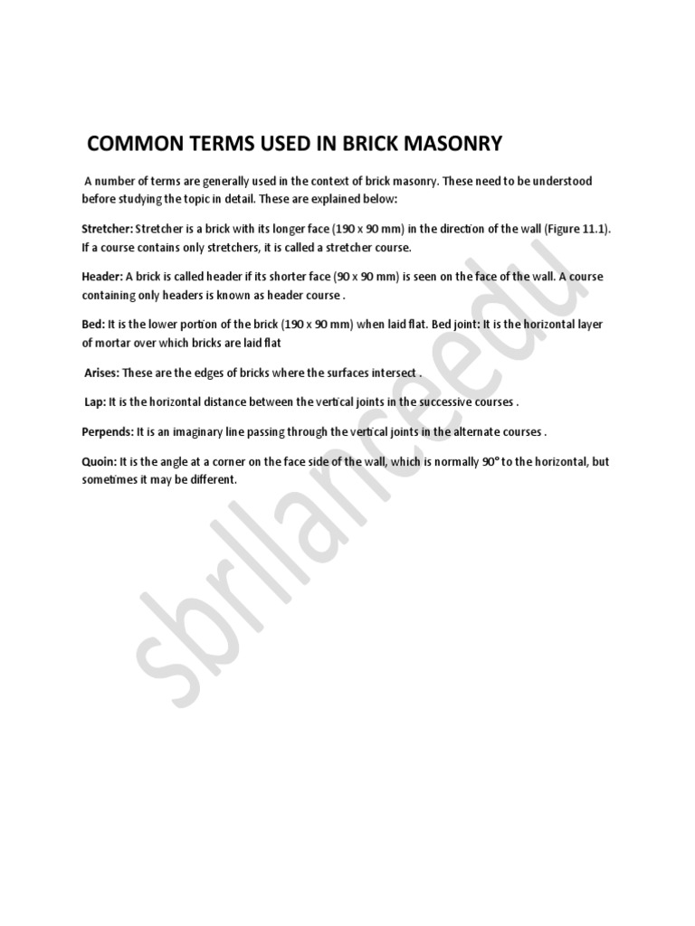 Common Terms Used In Brick Masonry Pdf