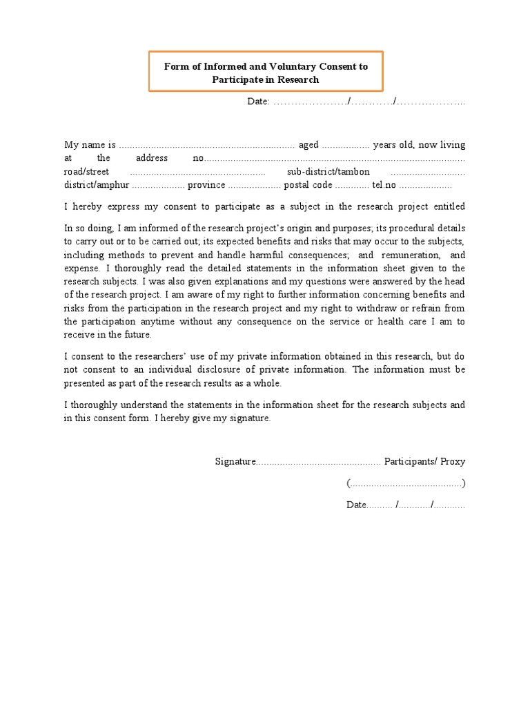 Form of Informed and Voluntary Consent To Participate in Research | PDF ...
