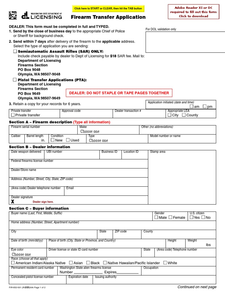 Firearm Transfer Application: Dealer: Do Not Staple or Tape Pages ...