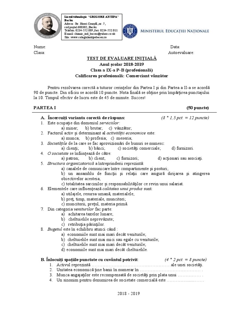 Test de Evaluare Initiala Ltga Clasa A Ixa PB 20182019 | PDF