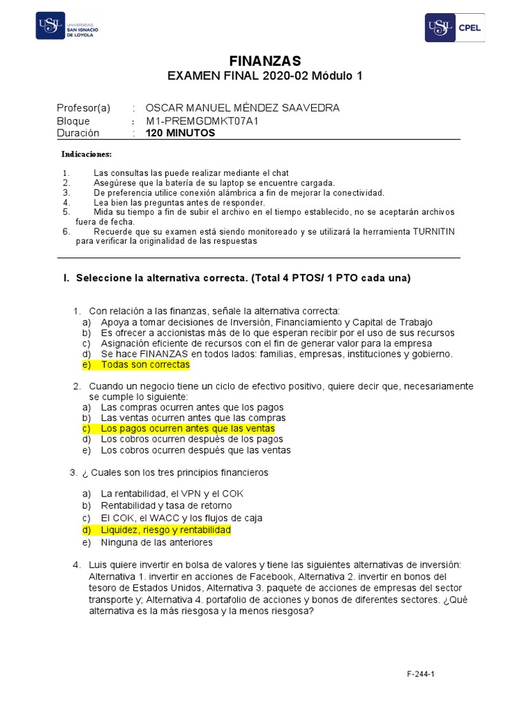 Examen Final de Finanzas 2020-02 | PDF | Compartir (Finanzas ...
