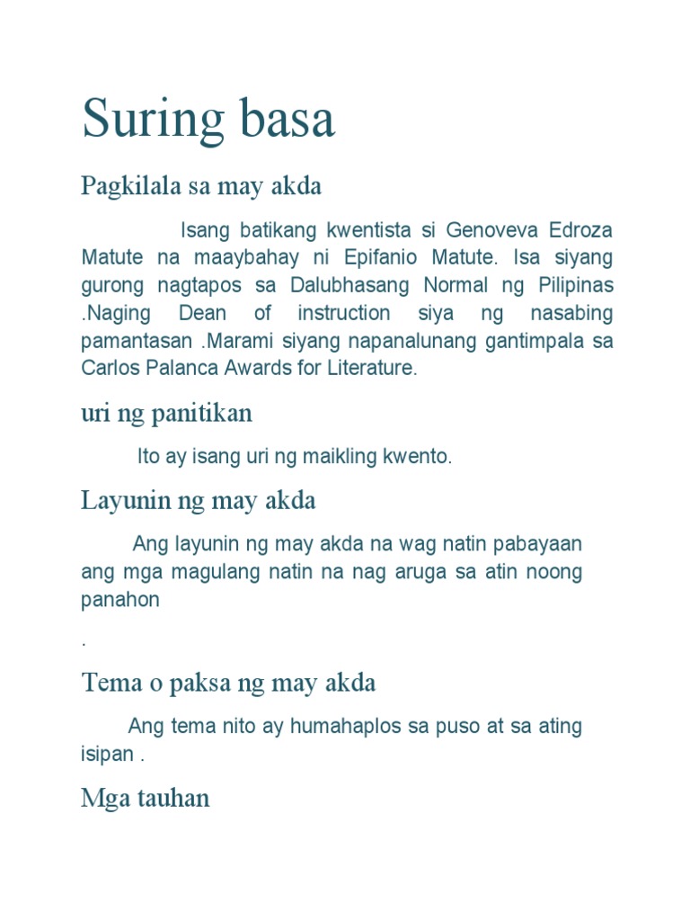 Maikling Kwento Ng Suring Basa - talakayan basa