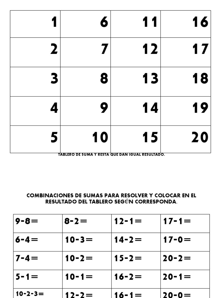 Tablero de Sumas y Restas para Niños | PDF