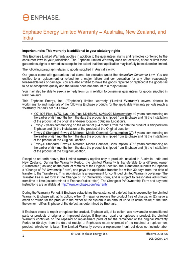 Warranty Enphase Energy Limited Warranty Australia, New Zealand, and