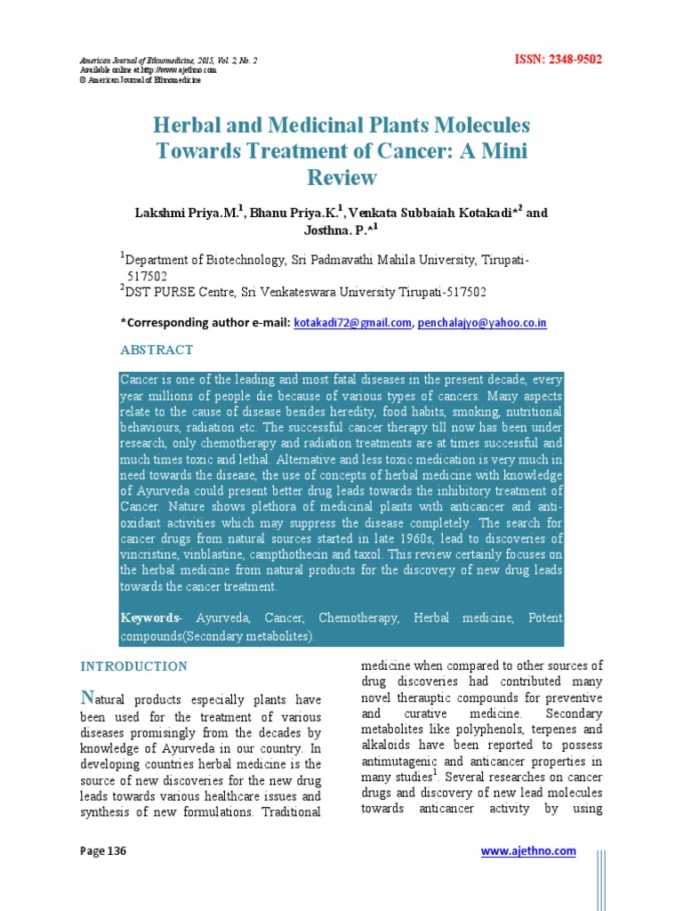 Herbal and Medicinal Plants Molecules Towards Treatment of Cancer A ...