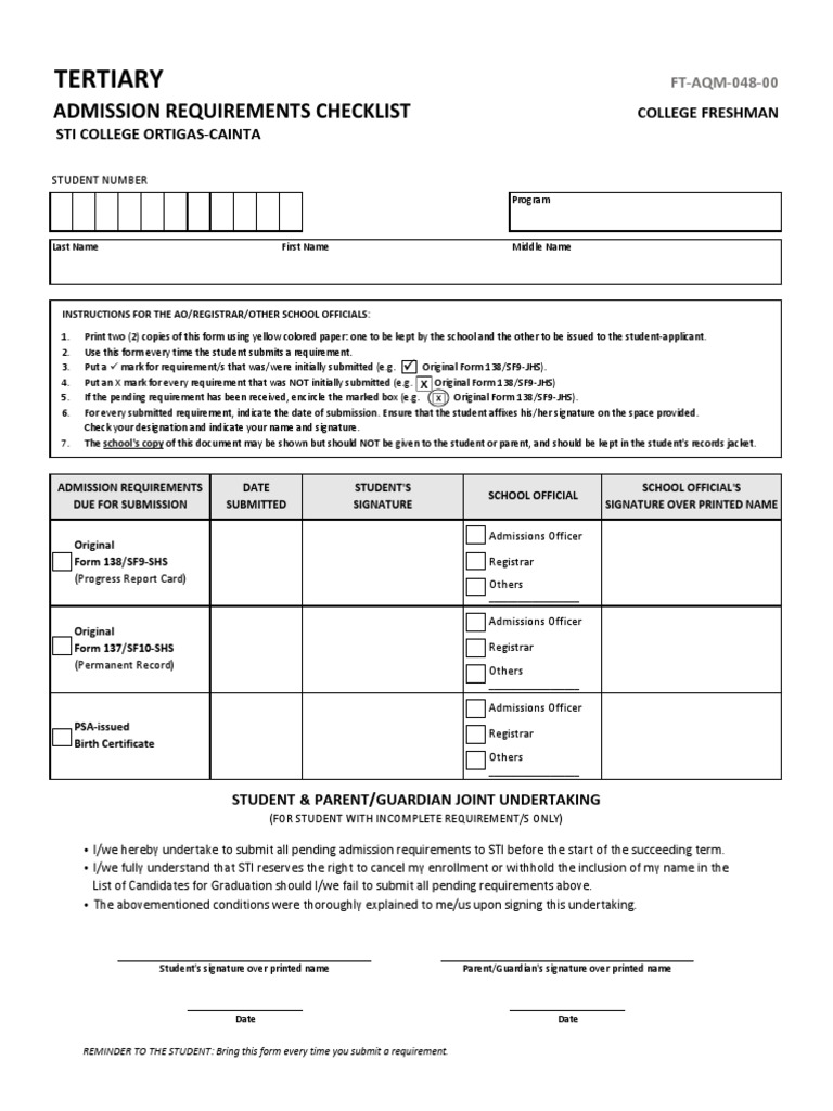 Admission Requirements Checklist College Freshman Pdf Learning
