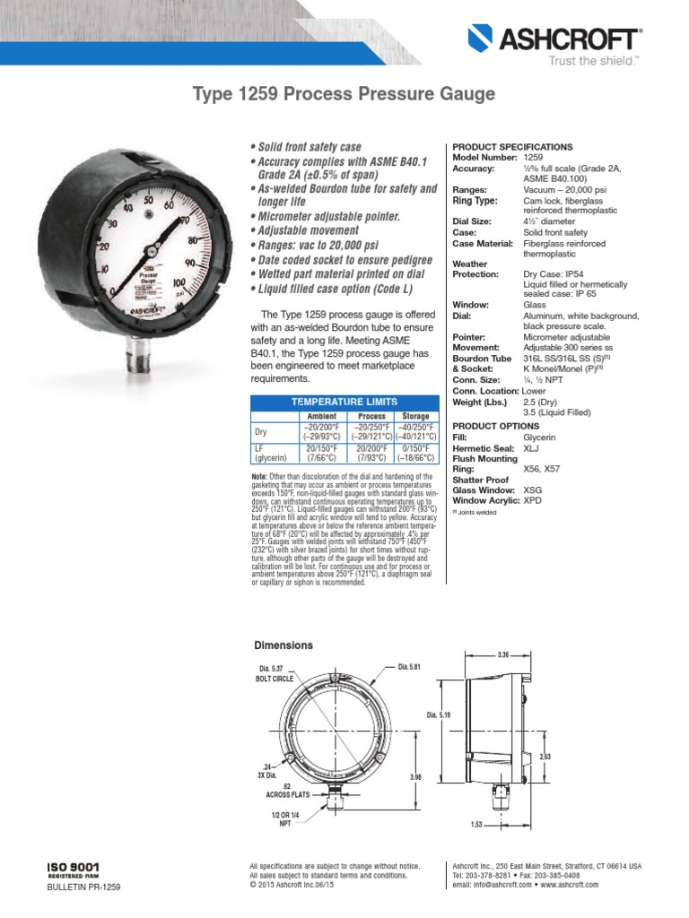 Type 1259 Process Pressure Gauge Dimensions PDF Pressure